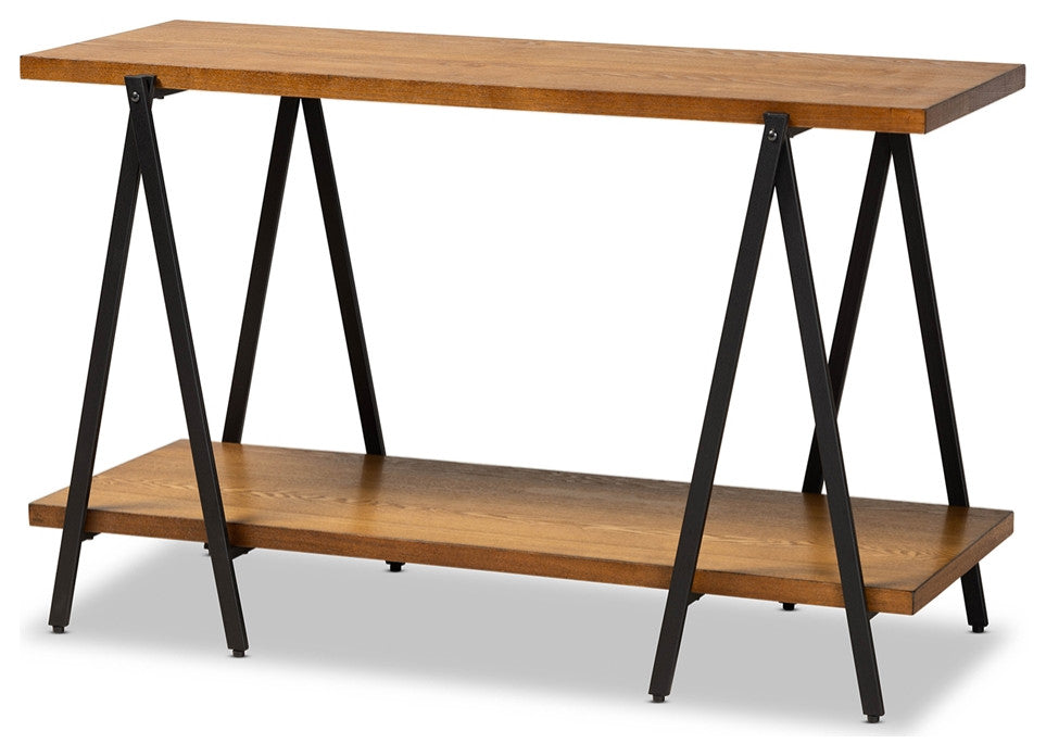 Rustic Walnut Finished Wood and Black Finished Metal Console Table