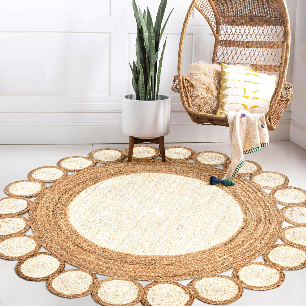 Skye Two-Tone Jute Circle Border Round Area Rug, 4' Round