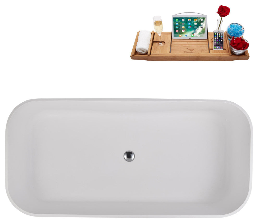 59" Streamline NS5780CH Matte White Stone Resin Bathtub, Tray With Chrome Drain