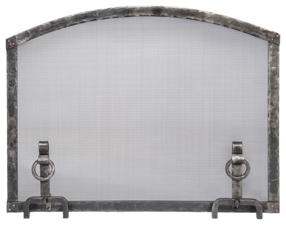 Forged Iron Arched Top Fireplace Screen With Andiron Feet, Small
