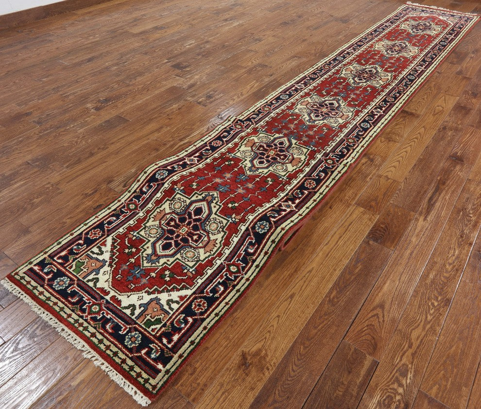 Traditional Red & Black 3'x20' Heriz Serapi Runner Hand Knotted Wool Rug H9283