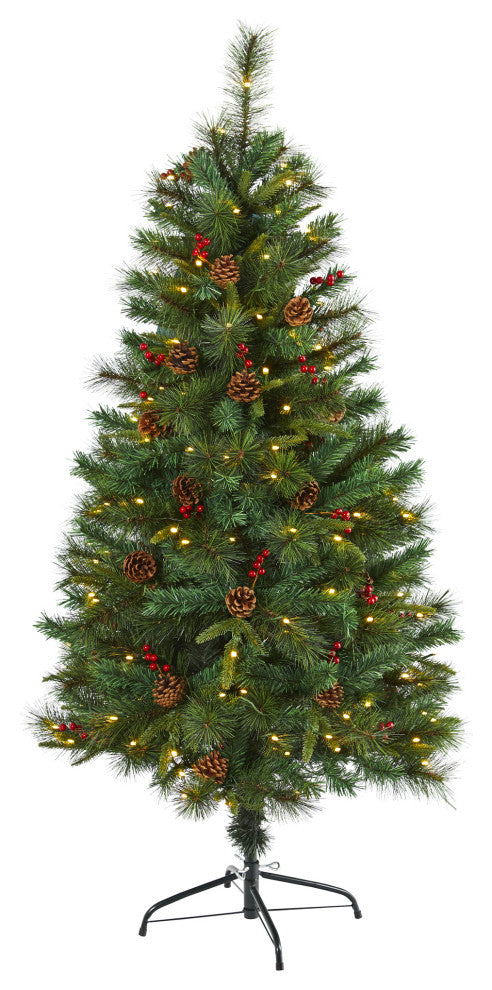 5' Mixed Pine Faux Xmas Tree With 150 Clear LED Lights, Pine Cones and Berries