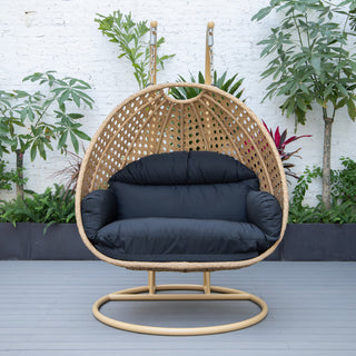 LeisureMod Mendoza Light Brown Wicker Hanging Double Egg Swing Chair, Black