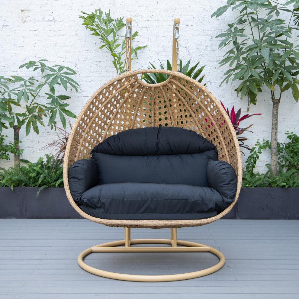 LeisureMod Mendoza Light Brown Wicker Hanging Double Egg Swing Chair, Black