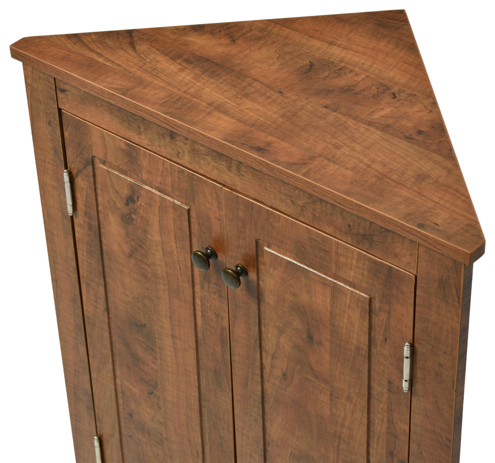 32" Wood 2-door Bath Corner Cabinet, Adjustable Shelves, Brown