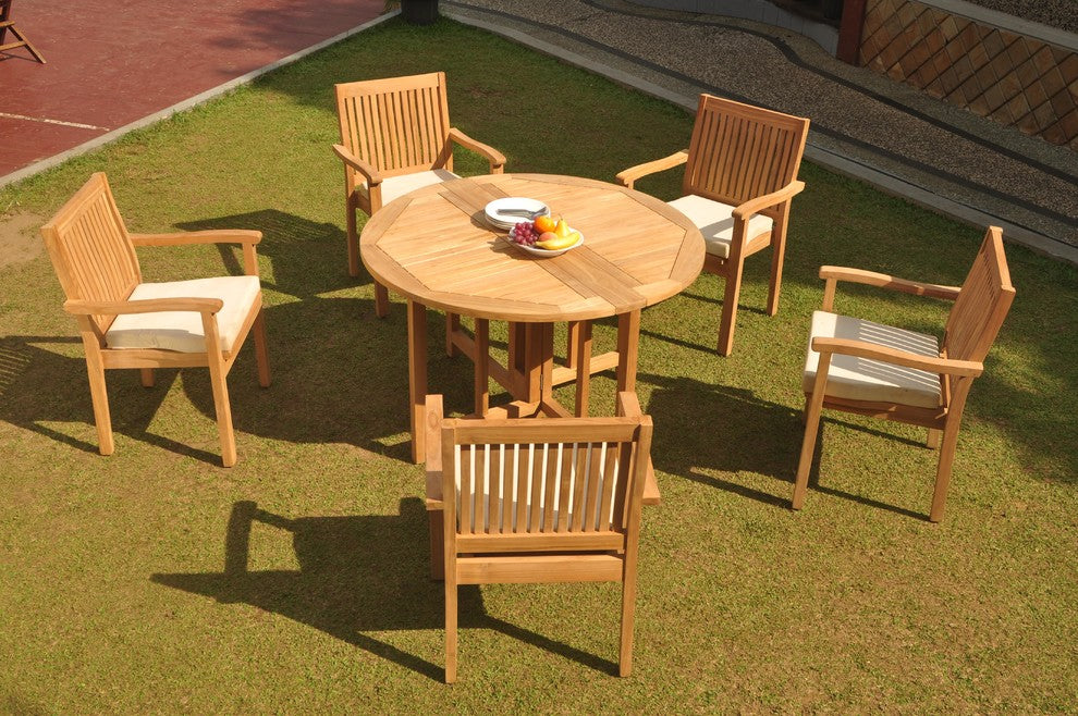 6-Piece Outdoor Teak Dining Set: 48" Butterfly Table, 5 Leveb Stacking Arm Chair