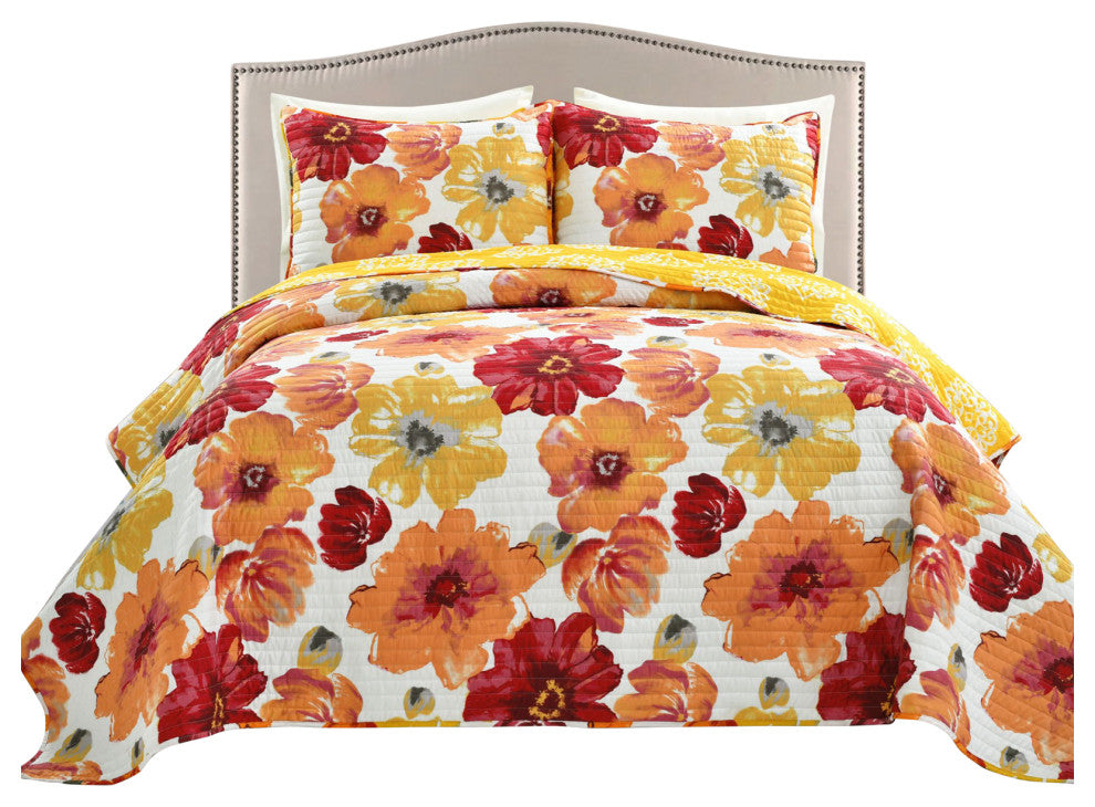 Leah Reversible 3-Piece Quilt Set, Red/Orange, King