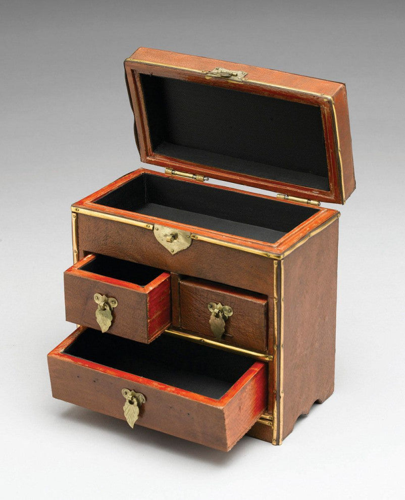 Wooden Lift Top Leather Wrapped Jewelry Box, Brown