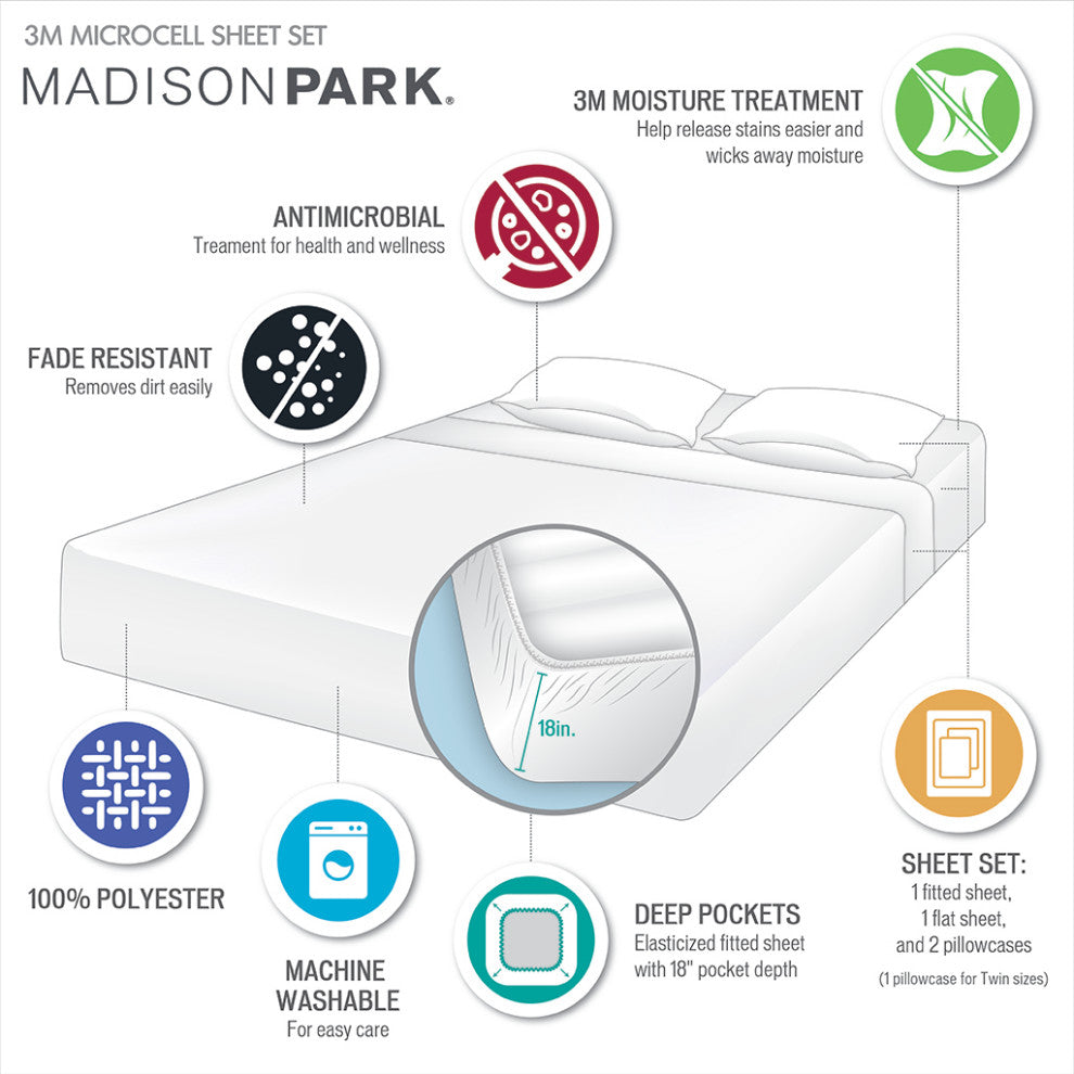 Madison Park Microcell 3M Scotchgard Moisture Treatment Sheet Set, Grey, Full