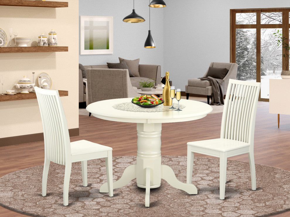 3 Pc Shelton Set, One Round Dinette Table, Two Dinette Chairs,Linen White