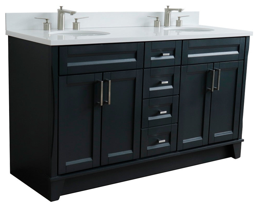 61" Double Sink Vanity, Dark Gray Finish And Engineered Stone Top And Oval Sink