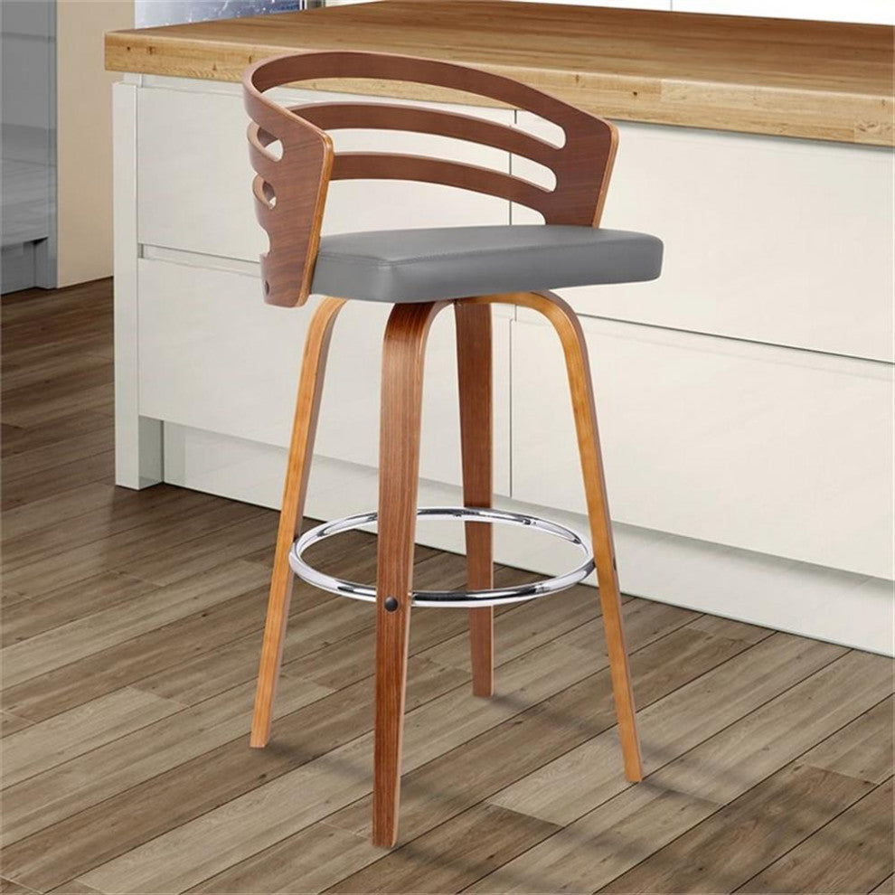 Armen Living Jayden 26" Faux Leather & Wood Swivel Counter Stool in Gray/Walnut
