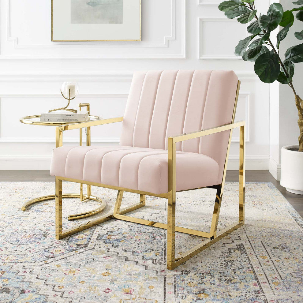 Tufted Armchair Accent Chair, Velvet, Pink, Modern, Living Lounge Hospitality