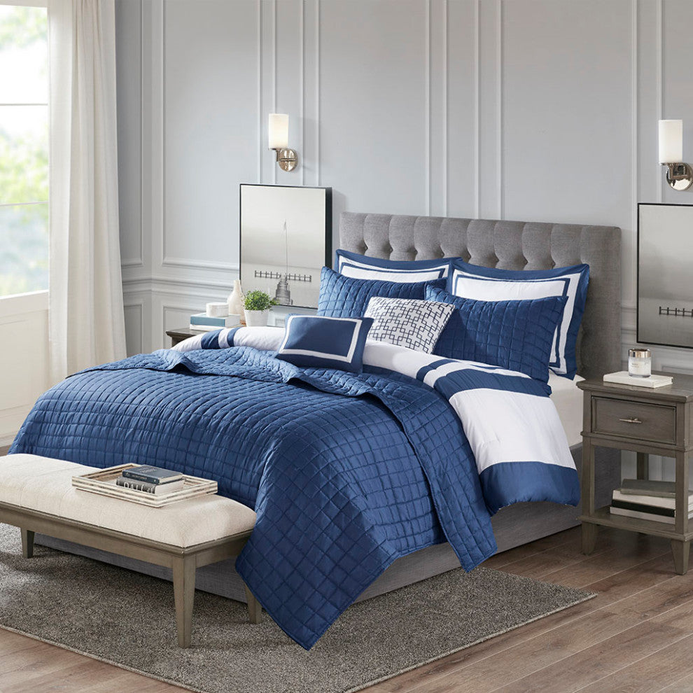 Madison Park Heritage Border 8-Piece Comforter and Coverlet Set, Navy Blue, King