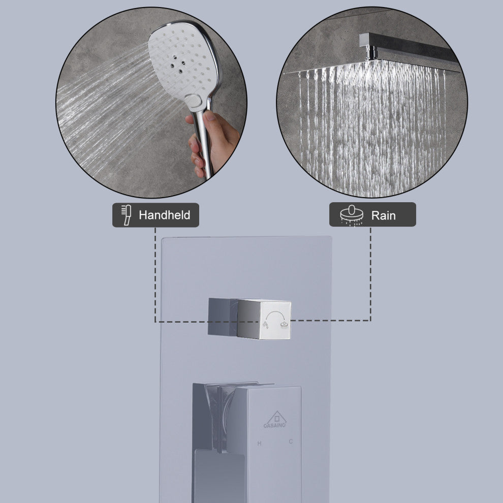 CASAINC 10" Wall Mounted 3 Spray Handheld Rainfall Luxury Shower System Set, Chrome
