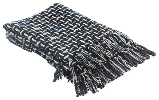 Modern Interwoven Throw Blanket with Fringe, Black/Blue/White