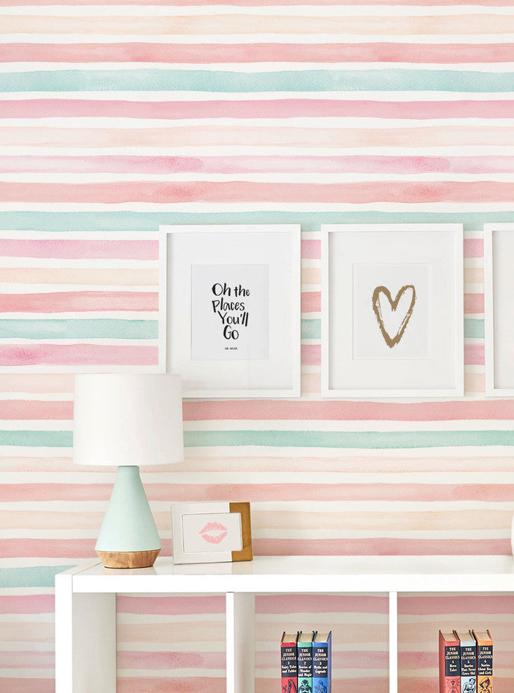 Watercolor Stripes Peel and Stick Vinyl Wallpaper, Coral Mint, 24"w X 60"h