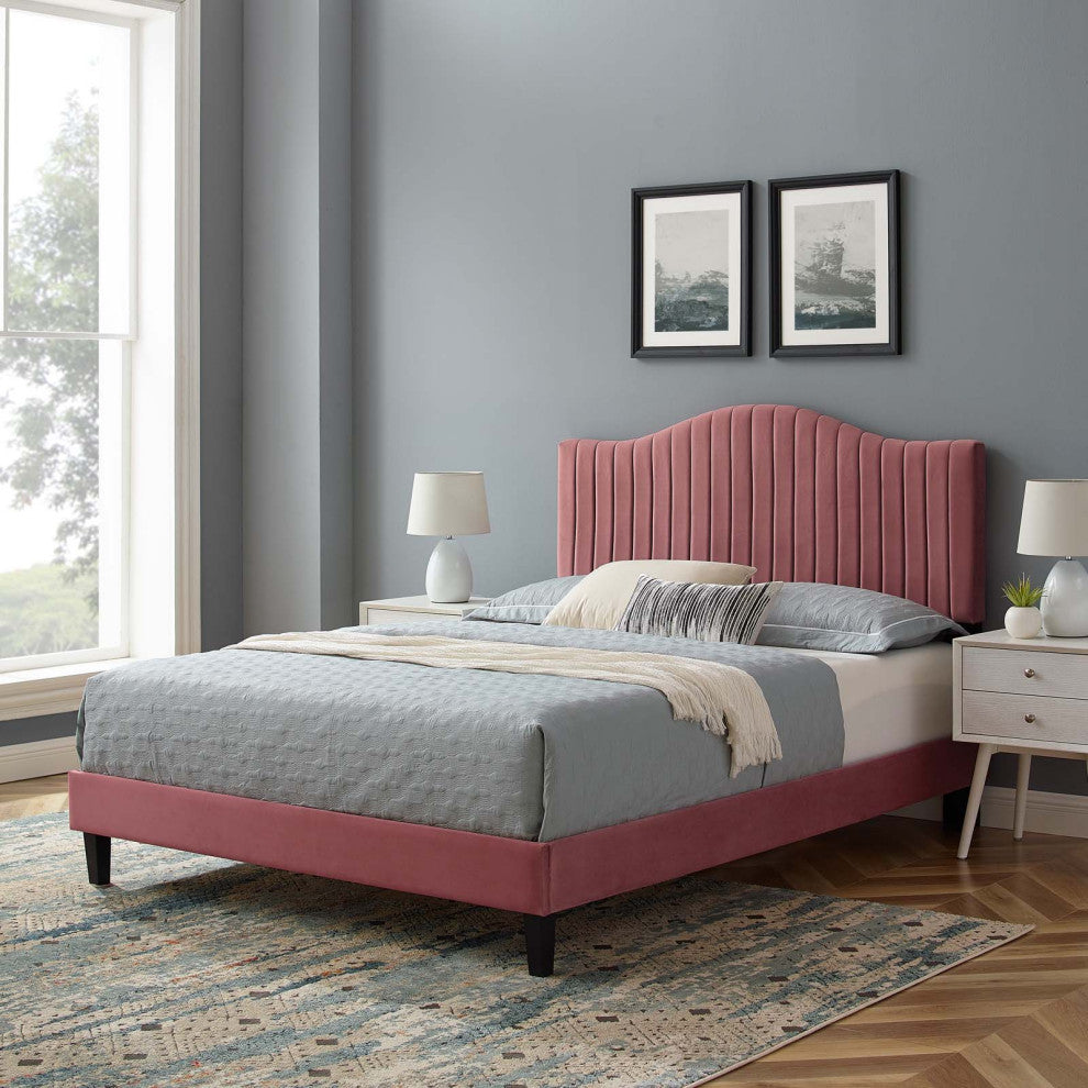 Tufted Platform Bed Frame, King Size, Velvet, Pink, Modern Contemporary, Bedroom