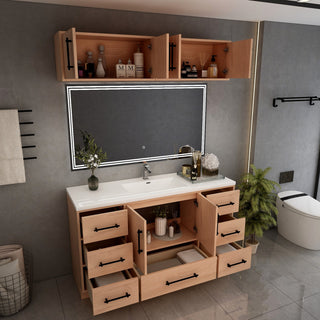 Victoria 60" Solid Wood Vanity Single Sink, Overhead Cabinet, Red Oak