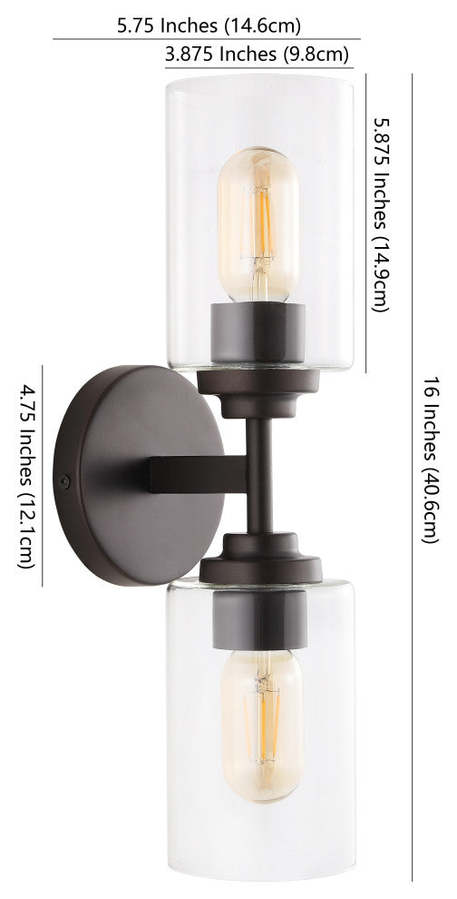 Giles 16" 2-Light Farmhouse Iron Cylinder LED Vanity, Oil Rubbed Bronze/Clear
