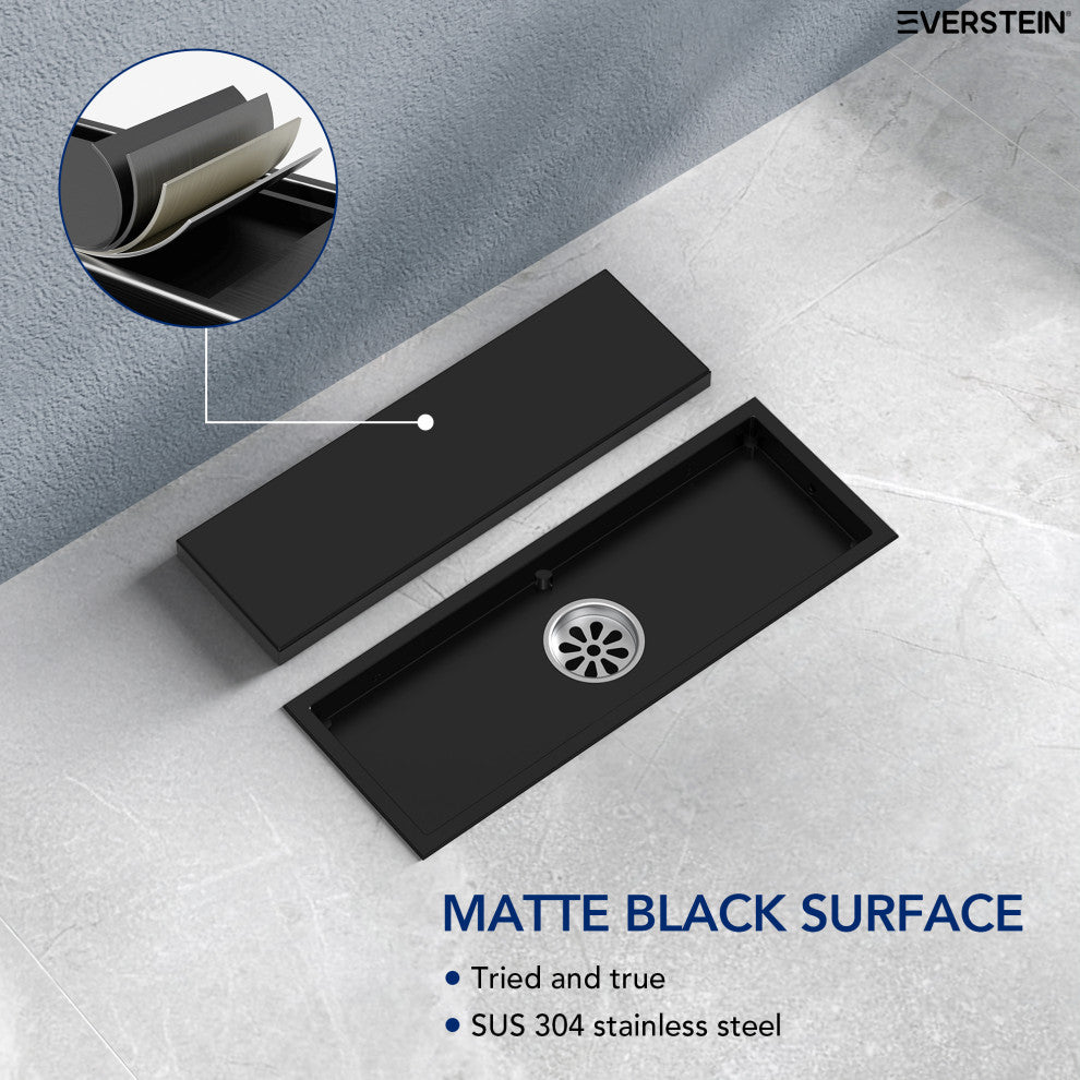 Linear Shower Drain with Hair Strainer and Reversible Tile Insert Cover, Matte Black