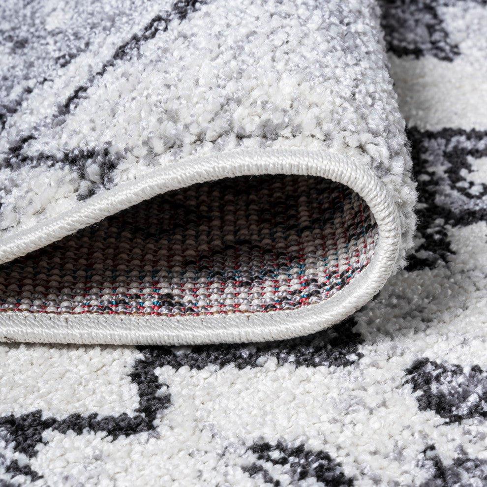 Azmar Moroccan Geometric Distressed Ivory/Black 2 ft. x 10 ft. Runner Rug