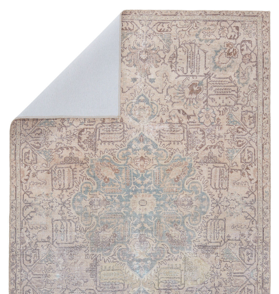 Machine Washable Parisa Medallion Light Blue and Light Tan Area Rug, 6'x9'