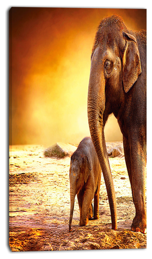 Elephant Mother and Baby Outdoors, African Canvas Art Print, 16"x32"