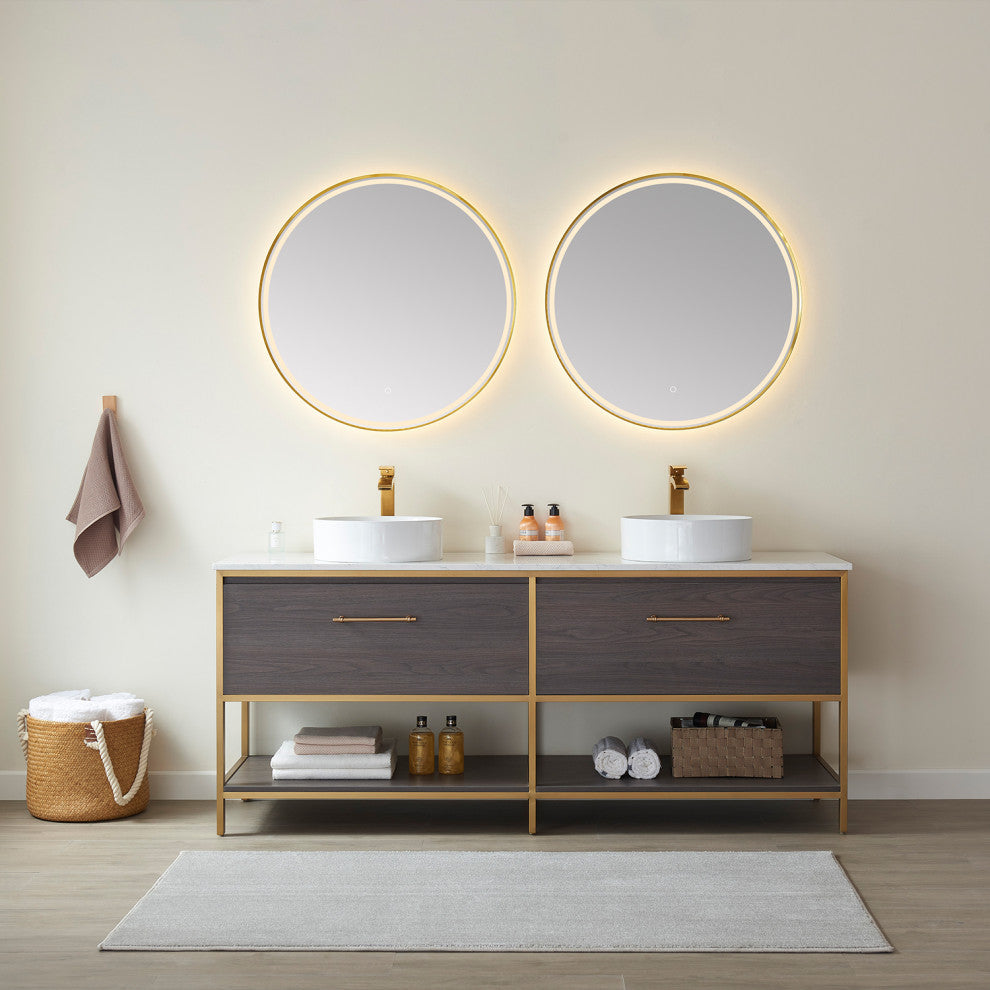 Murcia Vanity With White Stone Countertop, Suleiman Oak, 72", With Mirror