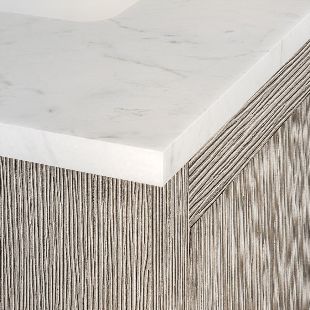 Hugo Carrara White Marble Countertop Bathroom Vanity in Grey Oak, Bronze Handle, 30", Vanity With Mirror