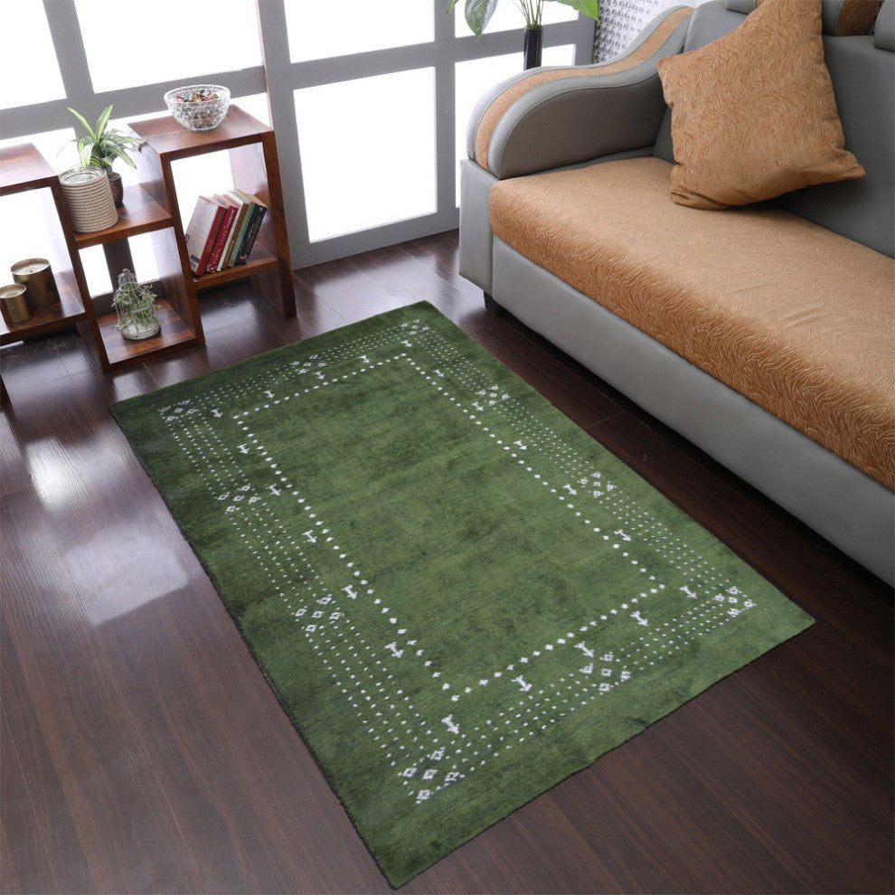 HAND KNOTTED LOOM SILK ECO-FRIENDLY AREA RUG -5'x8',Rectangle,Green,Contemporary