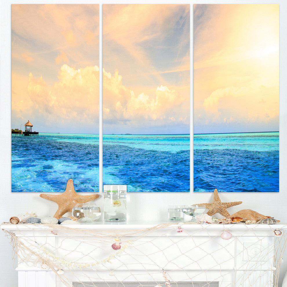 "Maldives Bungalows Sunset Panorama" Metal Wall Art, 3 Panels, 36"x28"