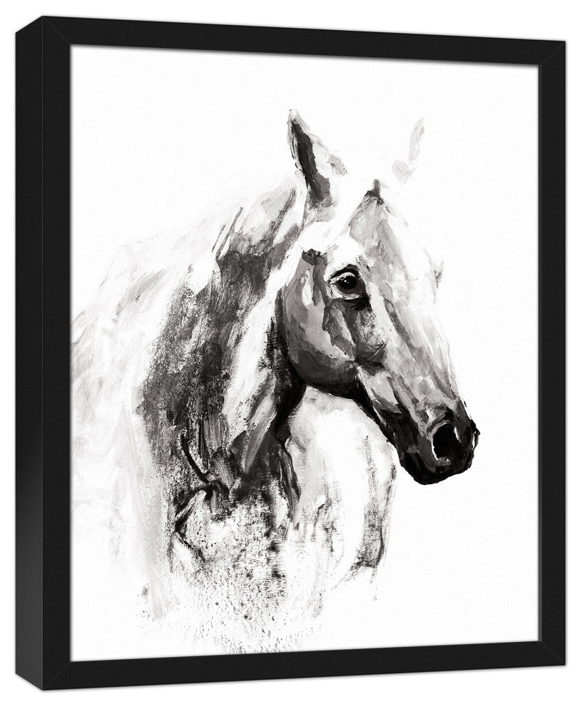 Black and White Watercolor Horse 16x20 Black Framed Canvas