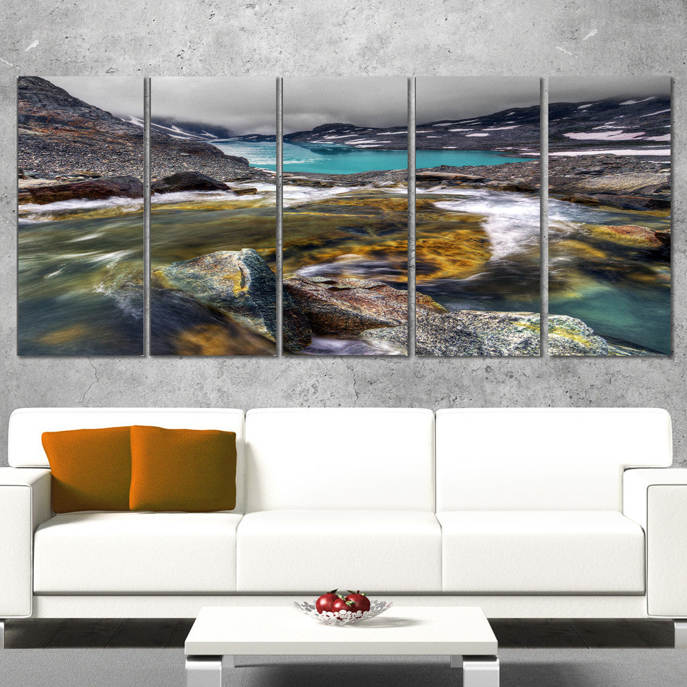 Mountain Creek Flowing into Lake, Landscape Canvas Print, 60"x28", 5 Panels
