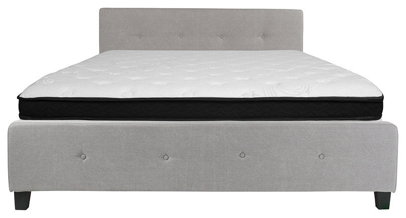 King Size Tufted Platform Bed in Light Gray Fabric with Memory Foam Mattress