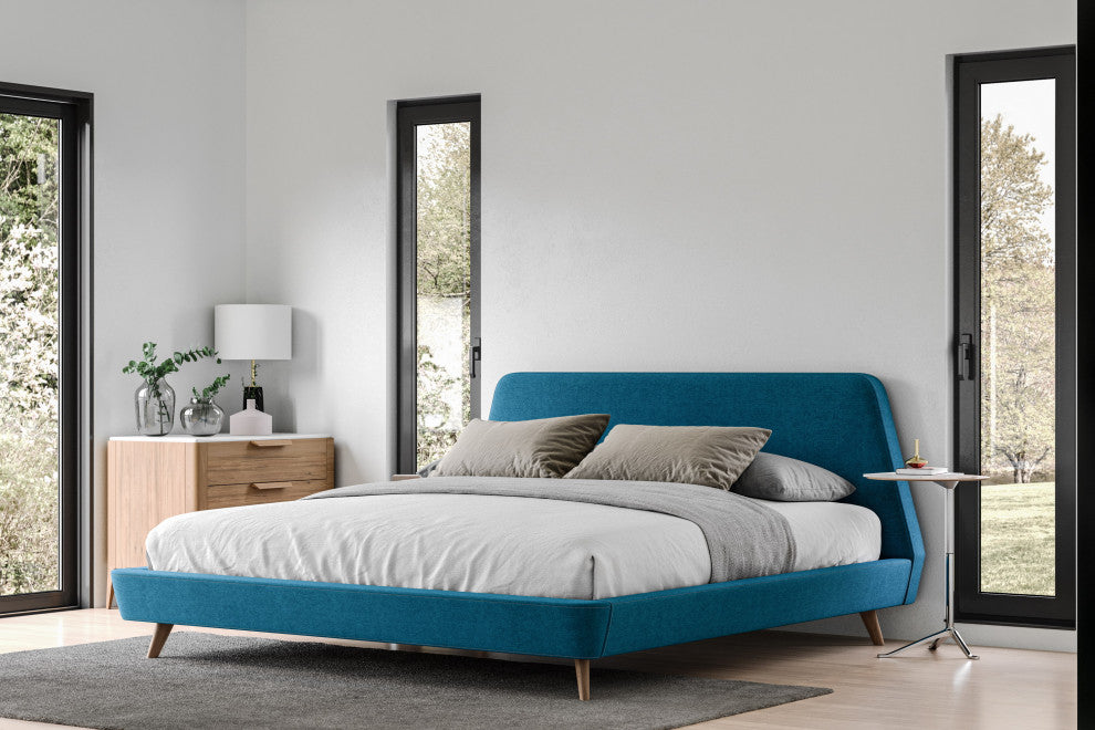 Henry Mid-Century Modern Upholstered Platform Bed, Blue, King
