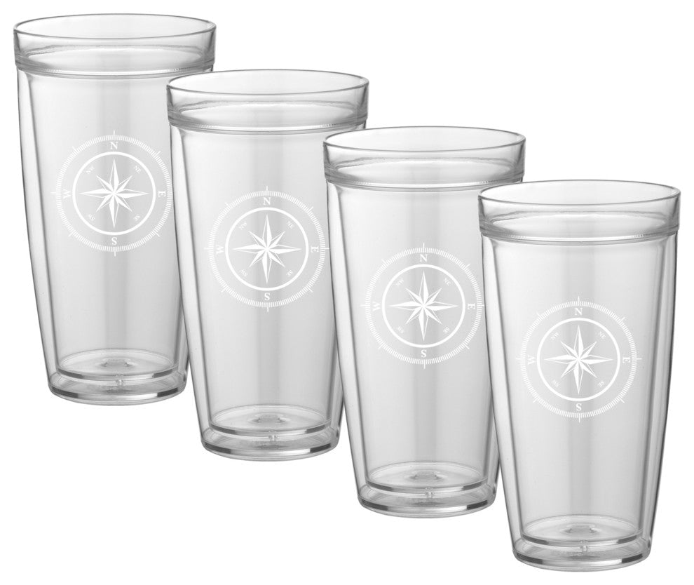Kraftware Double Wall Tall Glasses, Compass Point, 22 oz, Set of 4