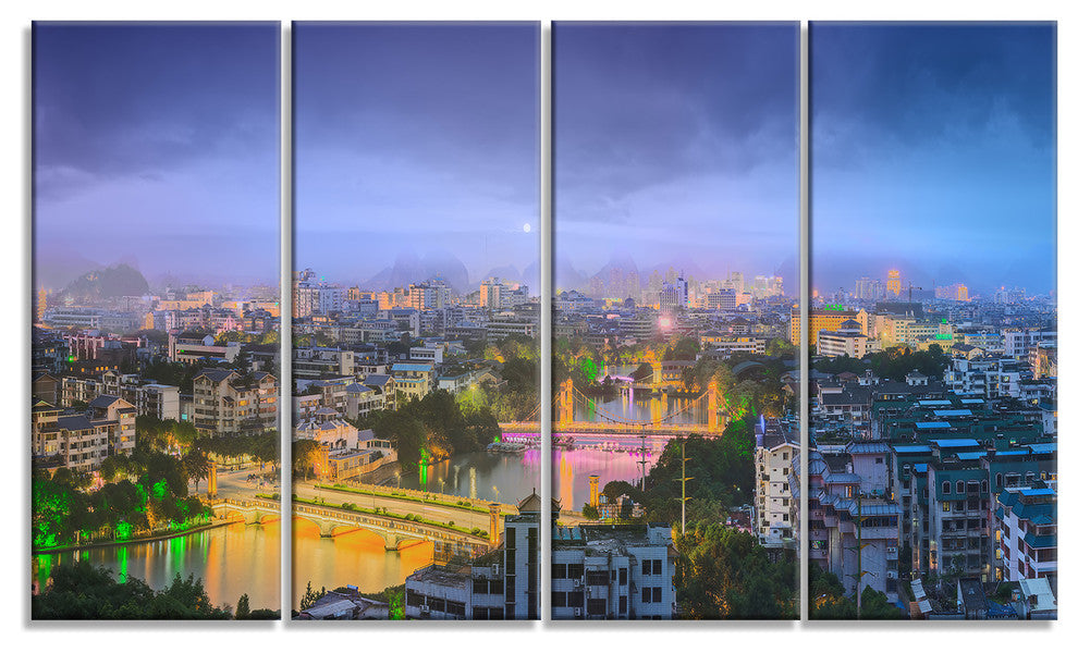 Li River and Karst Hills Panorama, Cityscape Canvas Art Print, 48"x28", 4 Panels