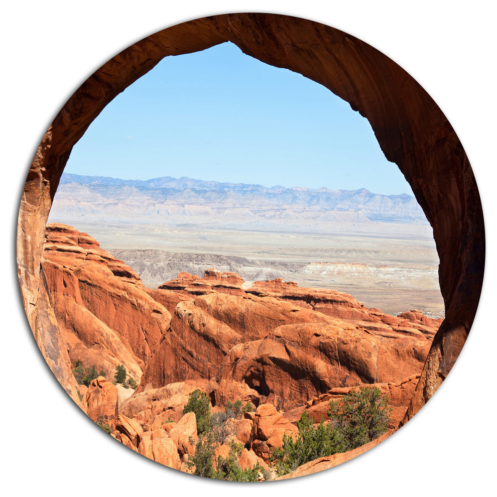 Huge Arch Into Rocky Terrains, Landscape Round Metal Wall Art, 23"