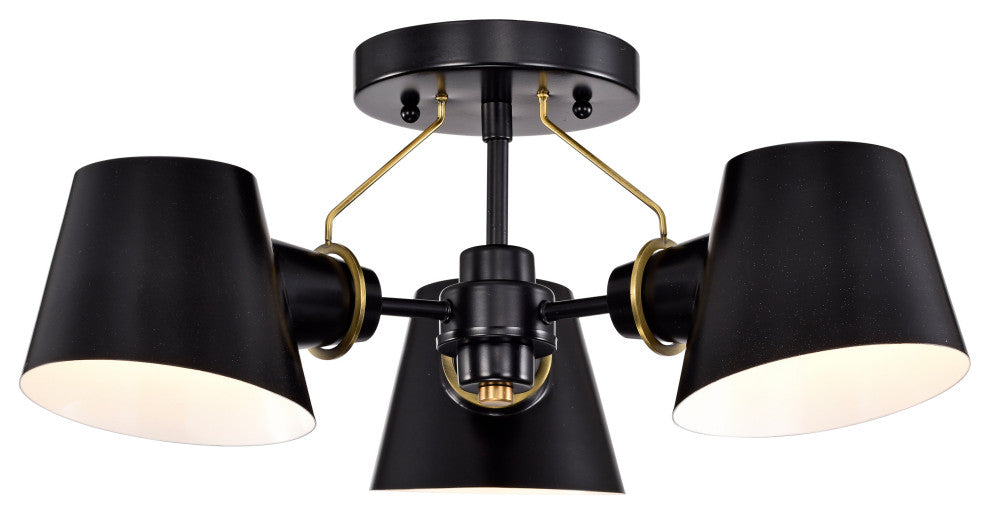 Baxter 3-Light Semi-Flush Fixture, Black With Burnished Brass