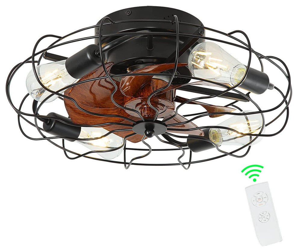 Black Cage Flush Mount Ceiling Light, Fan And Remote Control, 5 Light