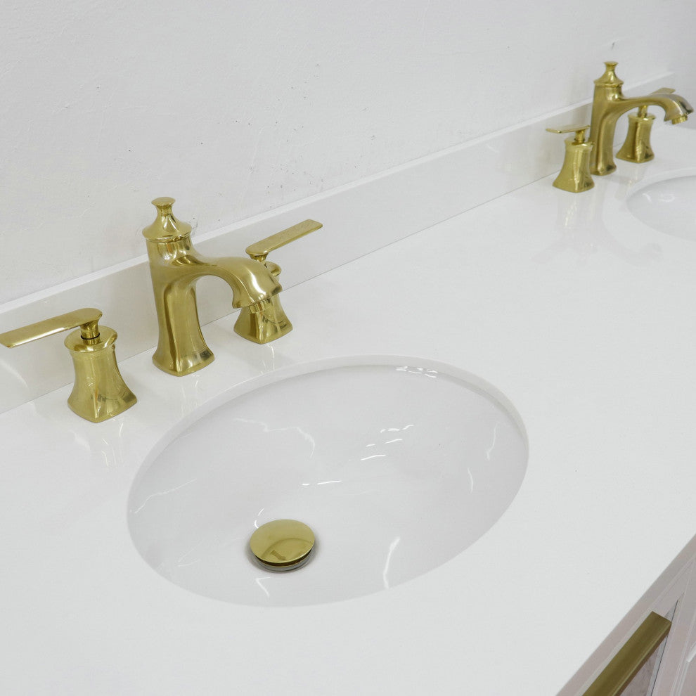 61" Double Sink Vanity, White Finish With Engineered Stone Top And Oval Sink