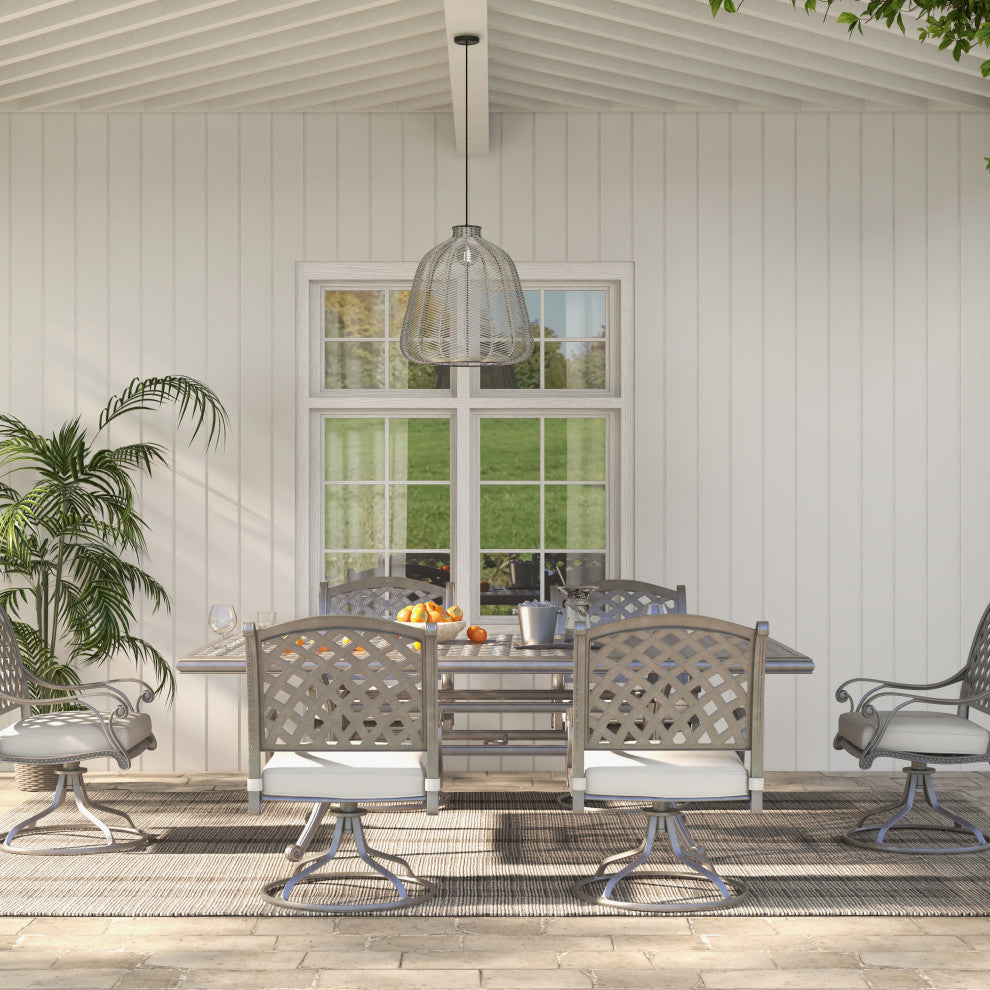 Carlsbad 7-Piece Rectangular Dining Set With 6 Swivel Rockers, Heritage Grey/Sand Dollar