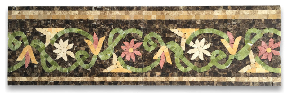 Marble Mosaic Border Listello Tile Blossom Emperador 7.1x12 Polished, 1 piece
