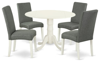 5Pc 42" Kitchen Table, Two 9"Drop Leaves, Four Chair, Linen White Leg, Gray