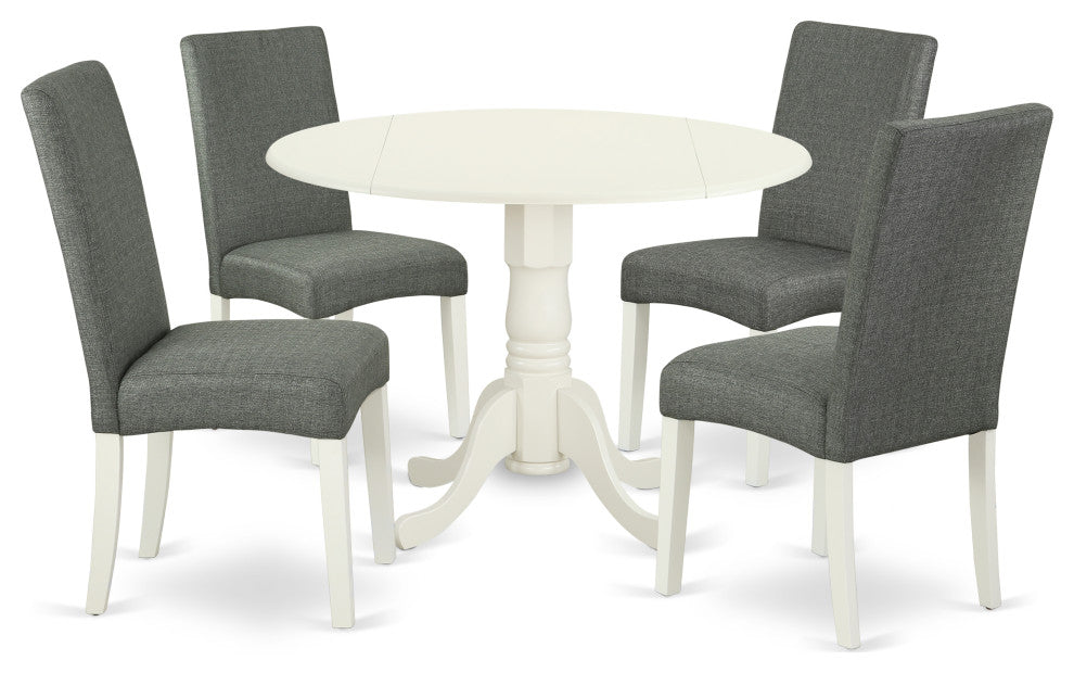 5Pc 42" Kitchen Table, Two 9"Drop Leaves, Four Chair, Linen White Leg, Gray
