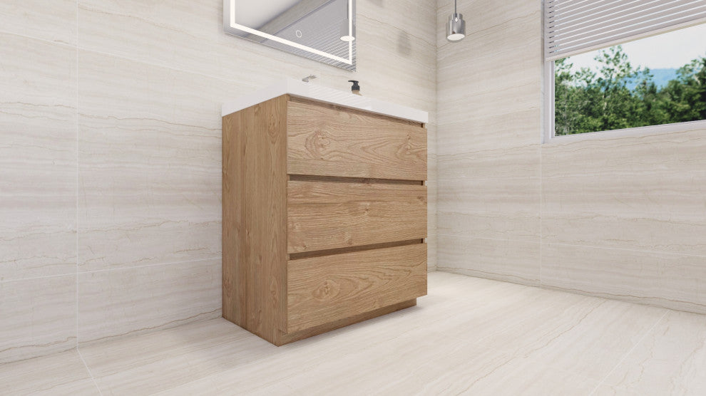 Moa Bathroom Vanity With 3 Drawers and Acrylic Sink, New England Oak, 30"