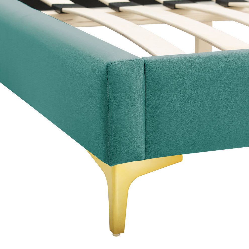 Platform Bed Frame, King Size, Teal Blue, Velvet, Modern, Bedroom Guest Suite