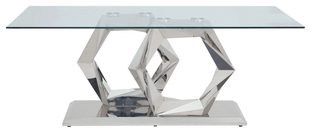 Benzara BM230721 Glass Top Dining Table With Steel Double Hexagonal Base, Chrome