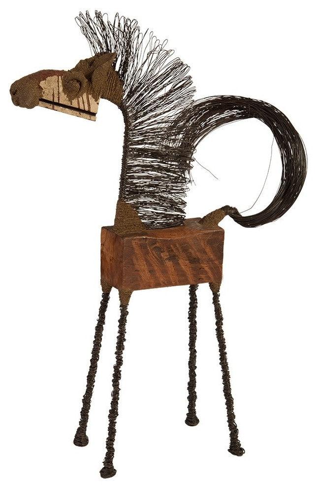 Extra Large Wood Block Modern Horse Wire Sculpture | Contemporary Equestrian Art